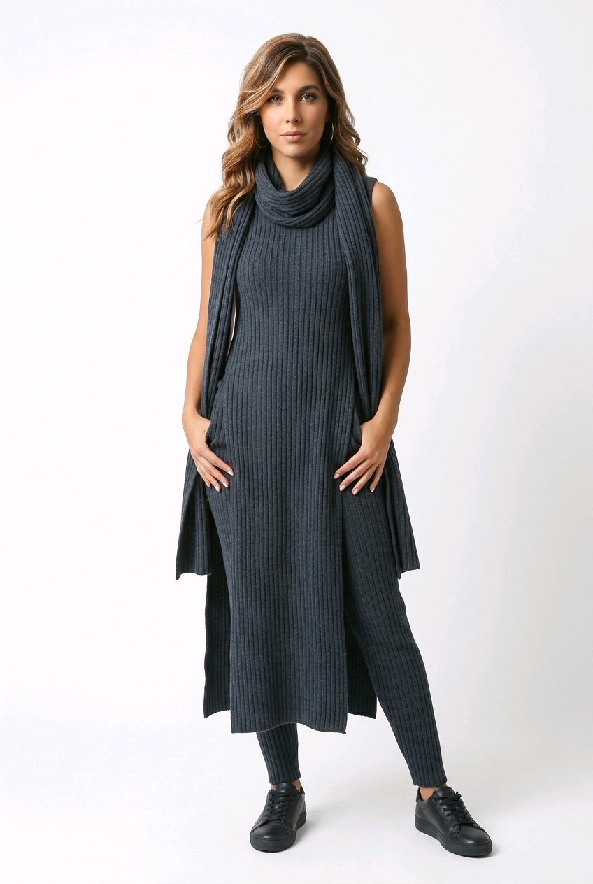 Unisex ribbed scarf in recycled cashmere, 30 × 180 cm