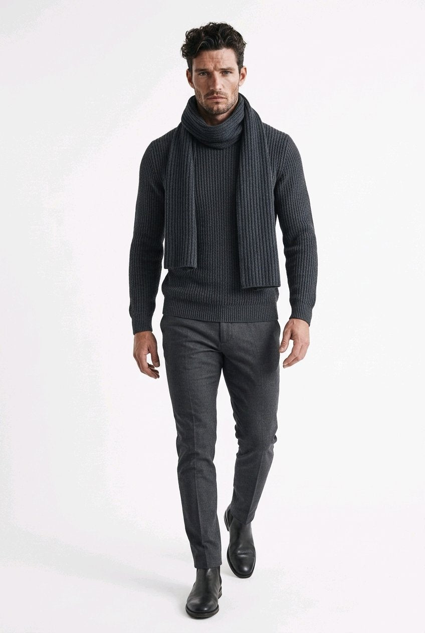 Unisex ribbed scarf in recycled cashmere, 30 × 180 cm